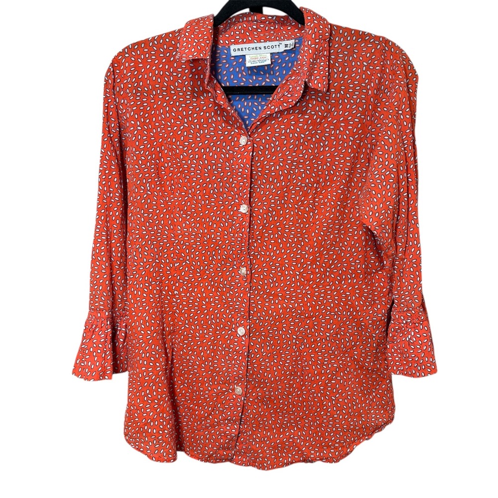 Gretchen Scott Cotton Button Down Patterned Bell Sleeve Blouse Size Medium - Picture 1 of 9